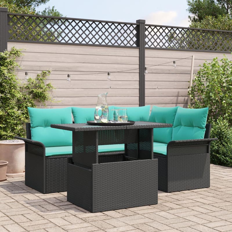 vidaXL 5 Piece Garden Sofa Set with Cushions Black Poly Rattan - 73.8×52.2×27.2