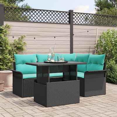 vidaXL 5 Piece Garden Sofa Set with Cushions Black Poly Rattan - 73.8×52.2×27.2