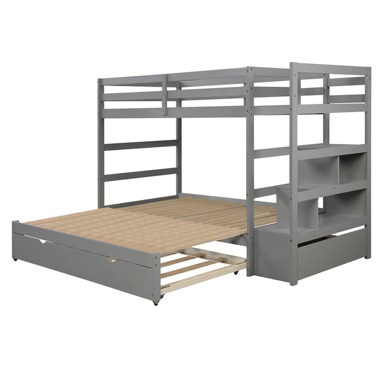 Twin over Twin/King Bunk Bed with Twin Trundle&Ladder&Drawer&Guard Rail