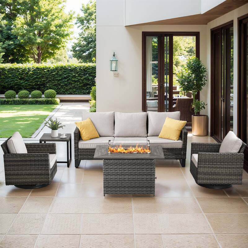 Outdoor Sofa Glider Chairs & Fire Table Grey-Beige - Grey - Beige - Grey
