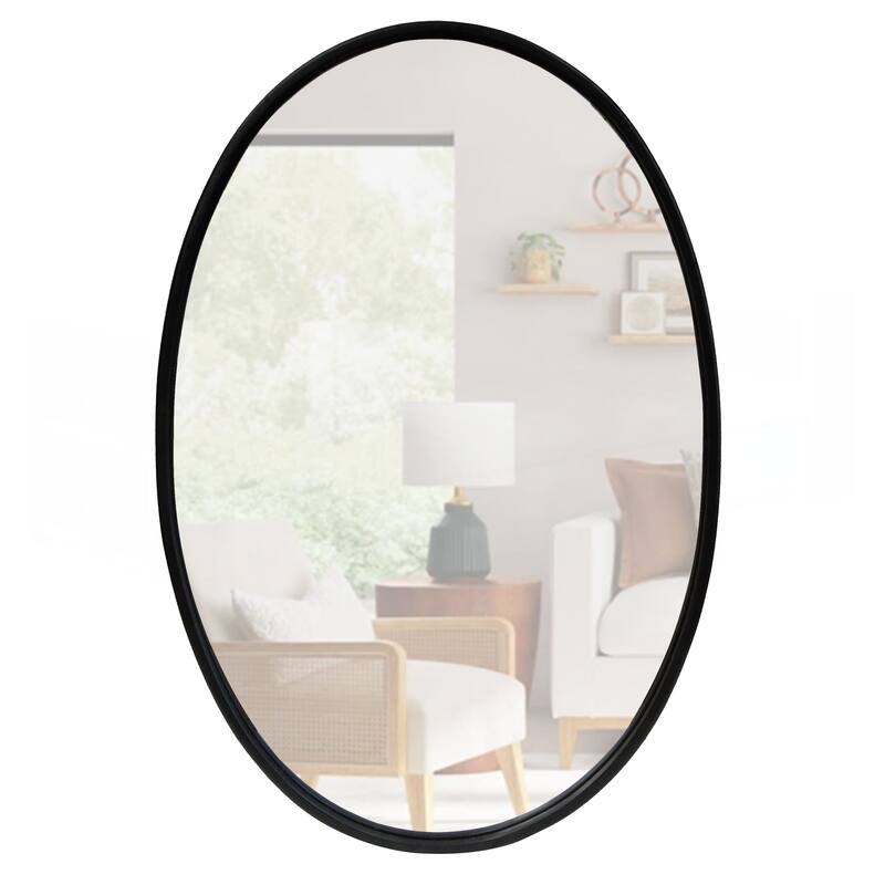 Oval Metal Wall Mirror with Framed Edges and Wooden Backing