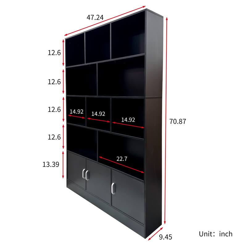 Anmytek 70.87" Modern Cube Bookshelf with 10 Open Shelves & 3 Doors, Storage Bookcase Cabinet for Living Room Office
