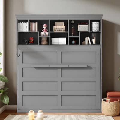 Queen Size Murphy Wall Bed with Storage Shelves and USB Ports, Space Saving Foldable Cabinet Bed