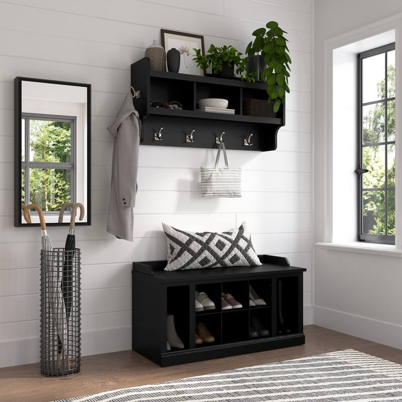 Woodland 40W Shoe Bench w/ Shelves & Wall Coat Rack by Bush Furniture - Black Suede Oak