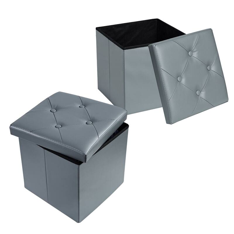 2 PC Storage Folding Ottoman, Storage Footrest Stool, Faux Leather Storage Bench Cube with Padded Seat for Small Space