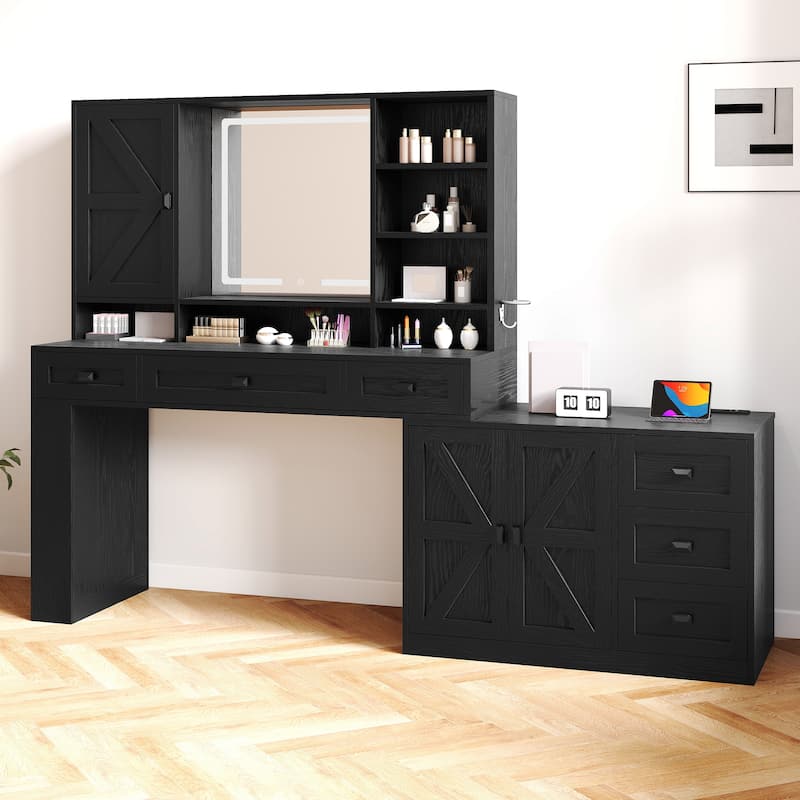 Moasis 47.5"W Farmhouse Makeup Vanity Desk with Mirror and Lights.Dressing Table with 6 Drawers&Power Outlets - Black