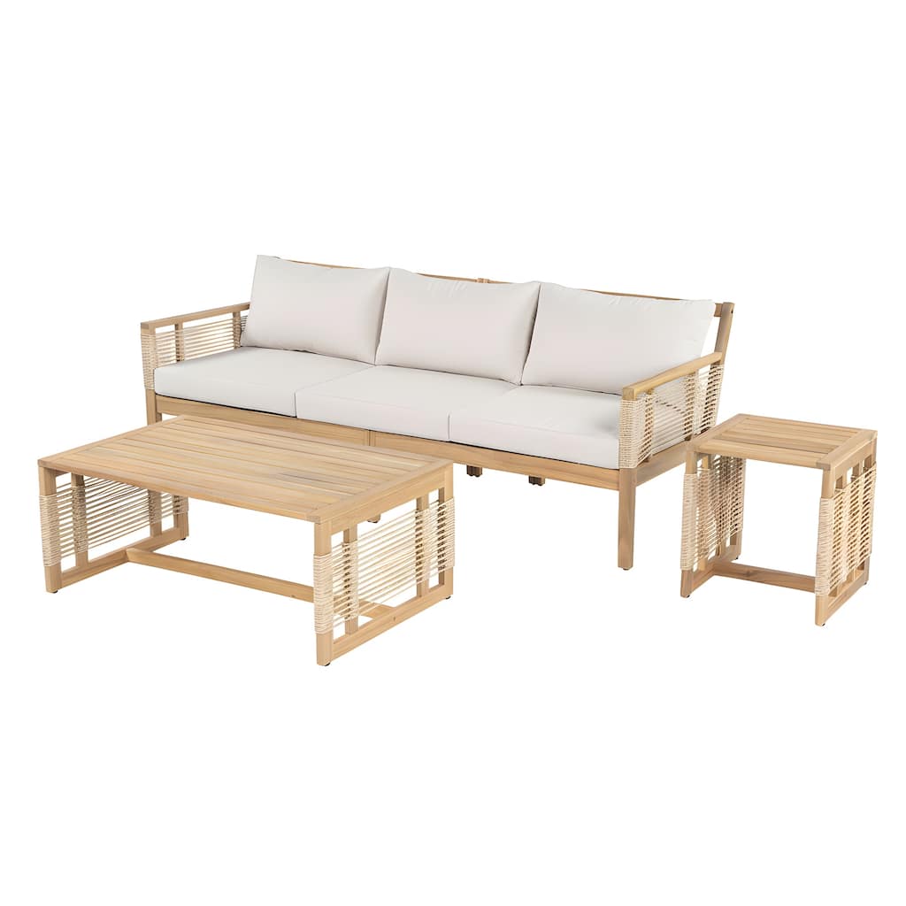 Acacia Wood 3-Seater Outdoor Patio Sofa Set - with 2 Coffee Tables, Teak Look & Beige Cushion for Garden, Poolside