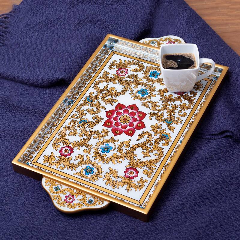 Novica Handmade Colonial Lotus Reverse-Painted Glass Tray
