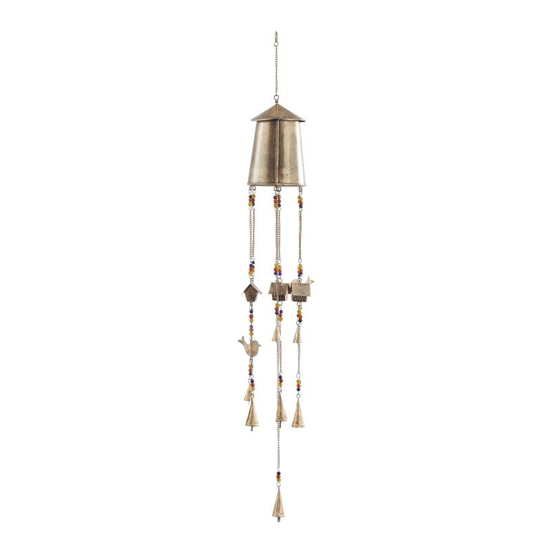 Metal Handmade Birdhouse Indoor Outdoor Windchime with Glass Beads and Bells - Bronze - Roche River Decor