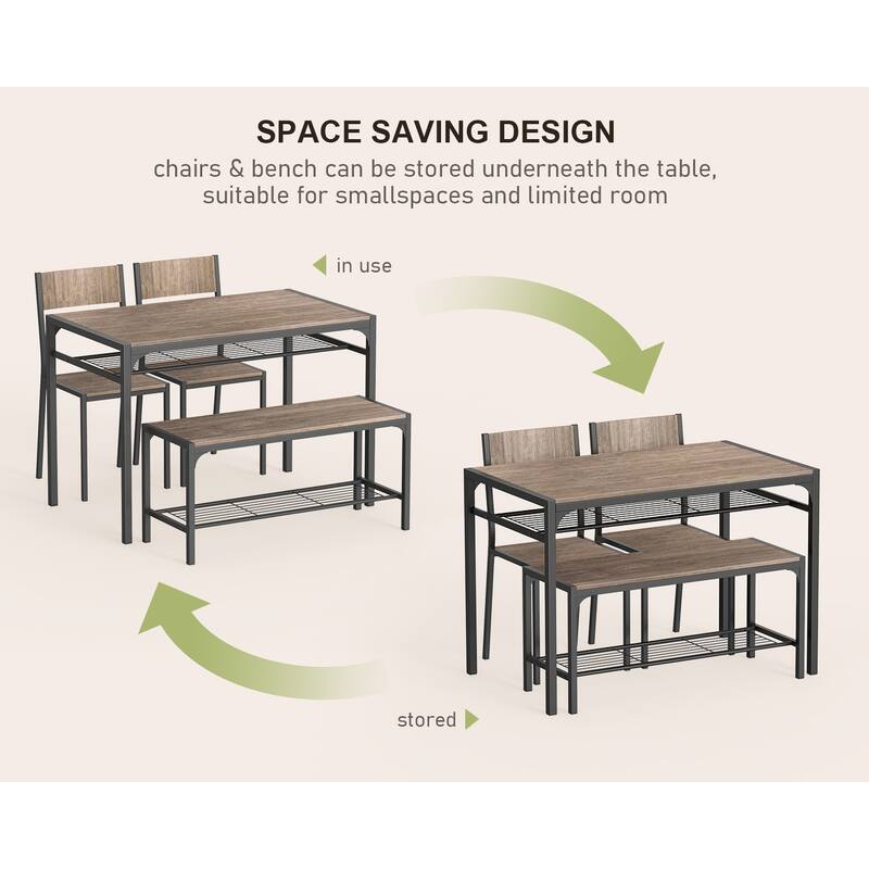 4 Piece Kitchen Dining Table with 2 Chair and Bench for Small Space