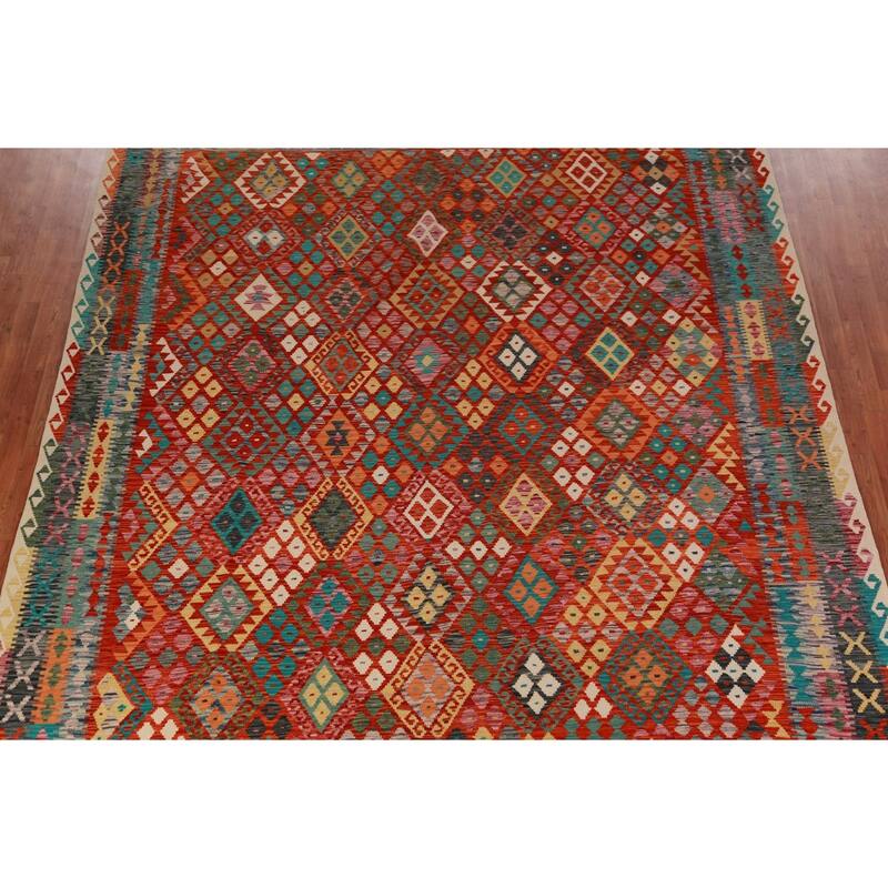 Reversible Kilim Oriental Area Rug Flatweave Dining Room Wool Carpet - 9'10"x 13'0"