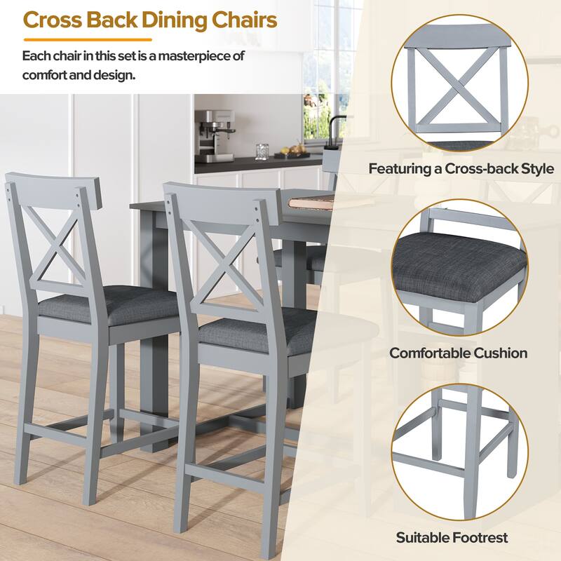 5 Piece Counter Height Dining Table Set with Storage , Dining Table Set with 3-Tier Storage Shelves and 4 Upholstered Chairs
