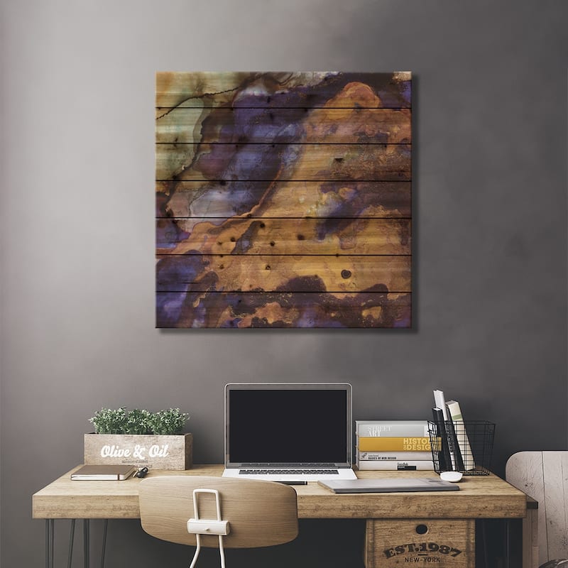 Purple And Gold Abstract Print On Wood by SpaceFrog Designs - Multi-Color