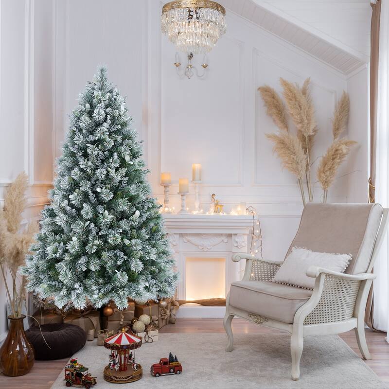 4FT Flocked Christmas Tree with Pine Needles & Eucalyptus Leaves, 404 Tips, Hinged Branches,Metal Stand-Snowy Artificial Tree - White+Green