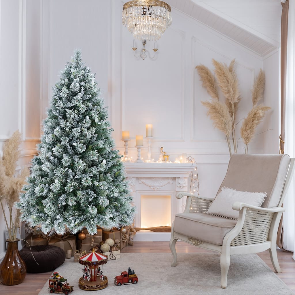 Flocked Artificial Christmas Tree - Pine Needles, Eucalyptus Leaves, Hinged Branches, Metal Stand - White+Green