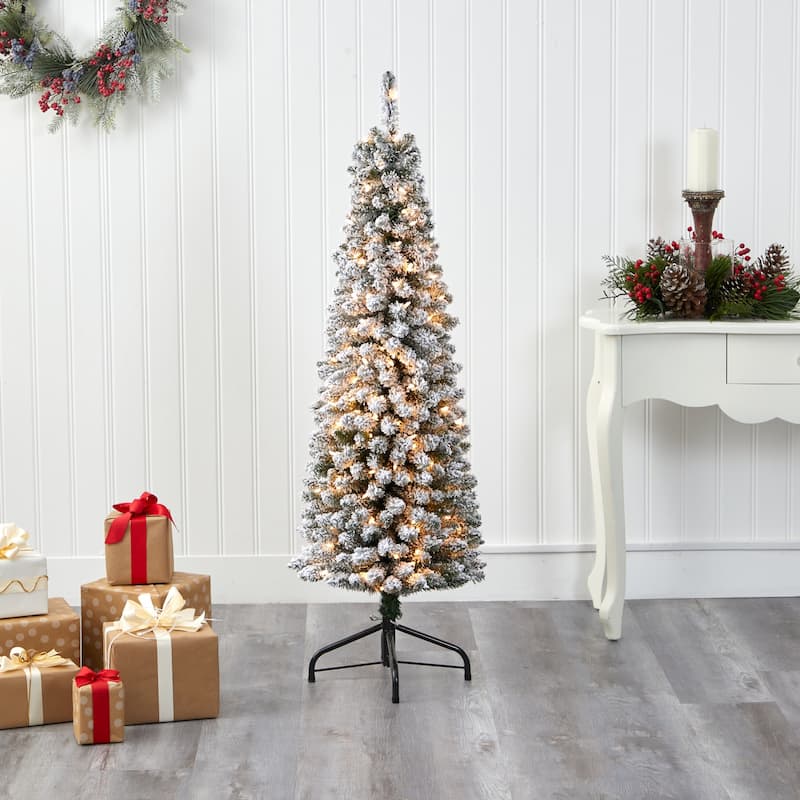 5Ft Pencil Christmas Tree with Lights - Artificial Holiday Tree, Slim Design, Pre-Lit, Indoor Decor - White - 60