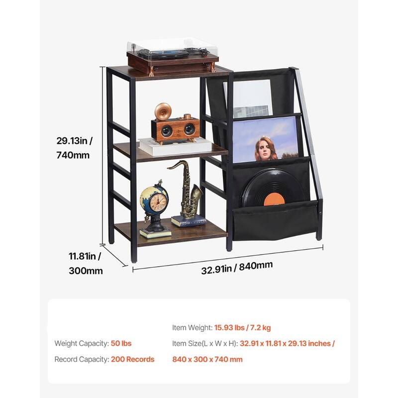 Black 3-Tier Record Player Shelf with Built-in Power Strip Music-Sync Lights and 200 Vinyl Storage Slots