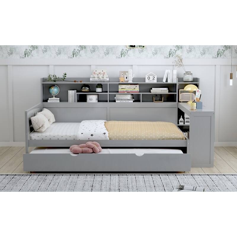 Wooden Full Size Daybed with Storage Shelves, Multi-functional Bed with Twin Size Trundle Bed and Study Desk