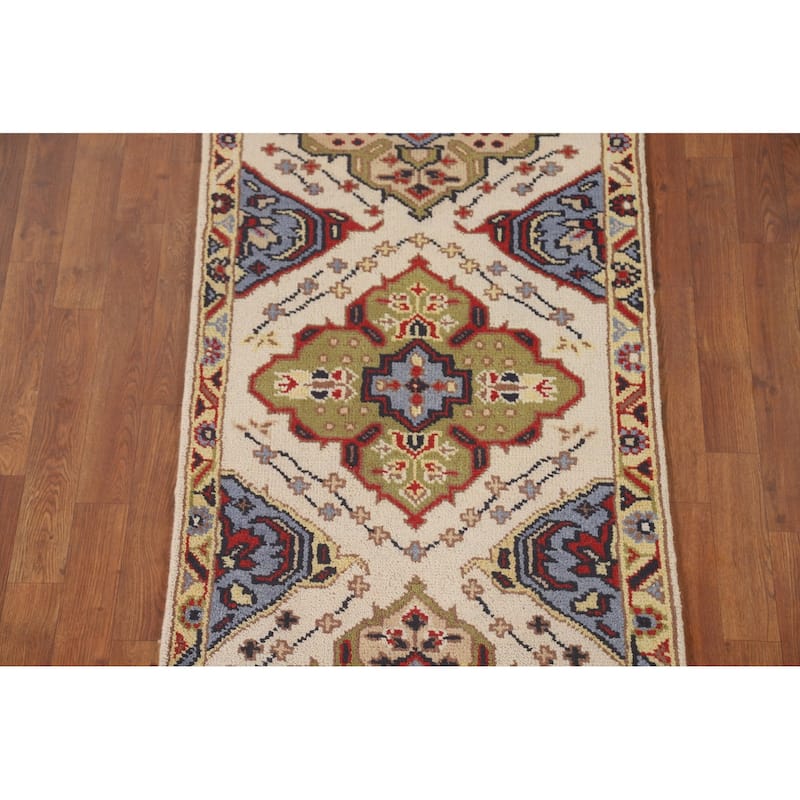 Geometric Beige Kazak Runner Rug Handmade Hallway Wool Carpet - 2'7" x 10'0"