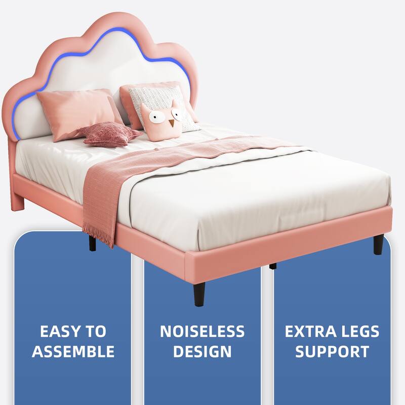 Moasis PU Adjustable Cloud Headboard Bed Frame Platform with LED