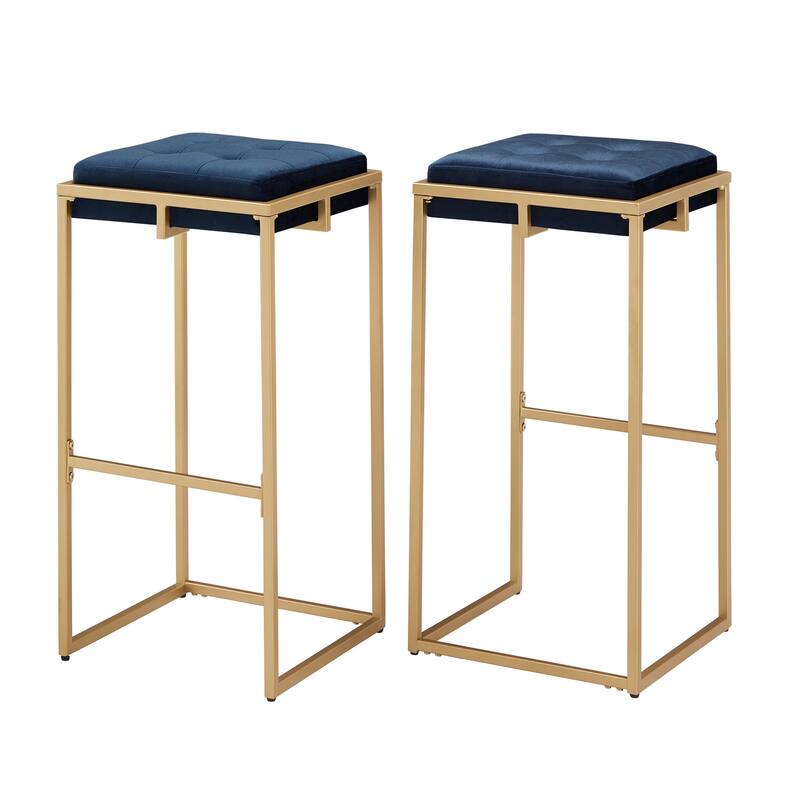 Perdita Gold Finish Velvet Button Tufted Bar Stools (Set of 2) by iNSPIRE Q Bold - Blue - Bar Height 29"