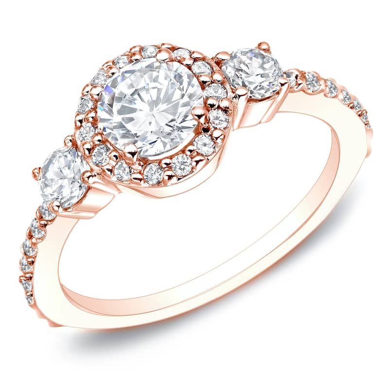 Auriya 14k Gold 1 1/4ctw 3-Stone Halo Diamond Engagement Ring (G-H, I1-I2) - Rose - 4