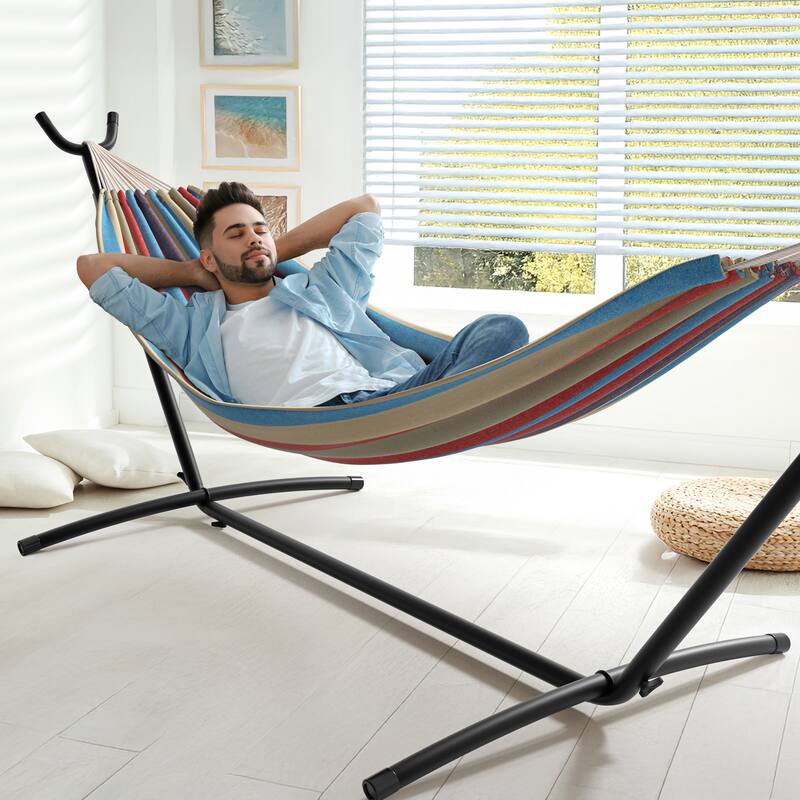 Brazilian Blue, Sand, Purple, Red Stripes Double Hammock with Stand