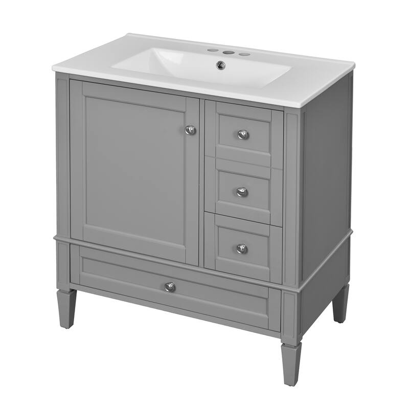 Bathroom Vanity with Ceramic Sink, Bathroom Cabinet with Soft Closing Doors, Vanity Set with 2-Tier Storage Rack and 3 Drawers
