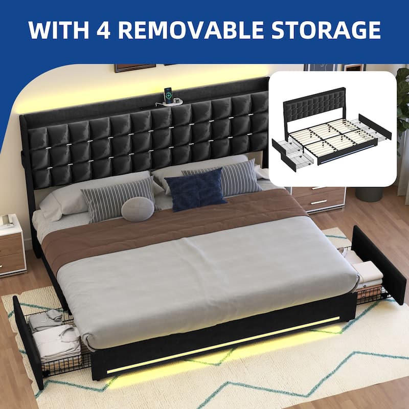 Moasis King Size Velvet Platform Bed with 4 Drawers RGB Lights and Charging Station No Box Spring Needed