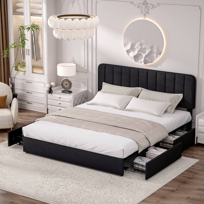 Javlergo Upholstered Platform Bed Frame with Storage Drawers and Adjustable Headboard, No Box Spring Needed