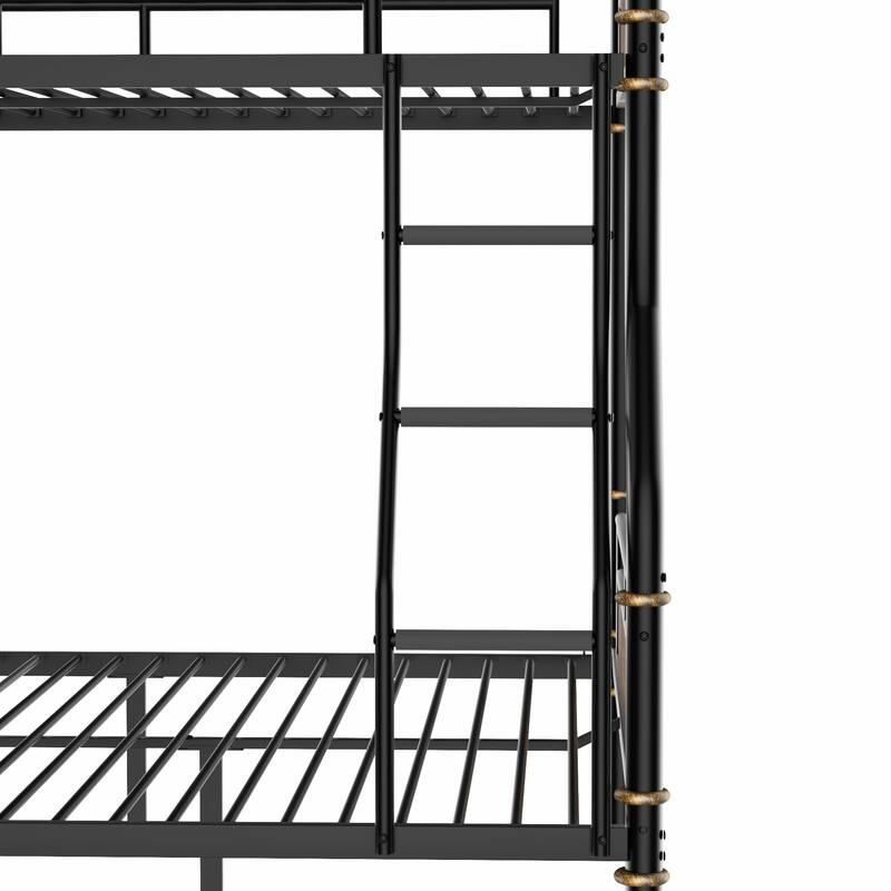 Full XL Over Queen Metal Bunk Bed with Ladder, Safety Guardrails & Rustic Wood Accents