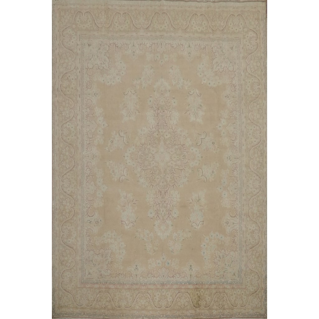 Hand Knotted Oriental 100% Wool Carpet Traditional Floral Beige & Ivories Kerman Area Rug - 12' 4'' X 9' 9''