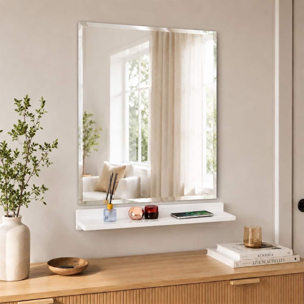 23.5" Wireless Charging Shelf and Frameless Mirror Set, White - 23.5