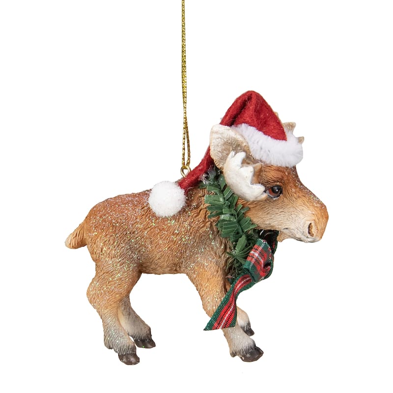 3.5-Inch Moose Wearing Santa Hat and Plaid Bow Christmas Ornament - 3.5"