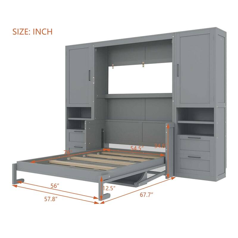 Full Size Murphy Bed Wall Bed with Closet,Drawers and Shelves - Grey