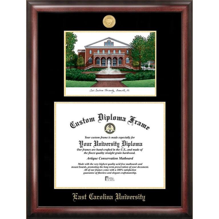 East Carolina University 10.75w x 8.25h Gold Embossed Diploma Frame with Campus Images Lithograph