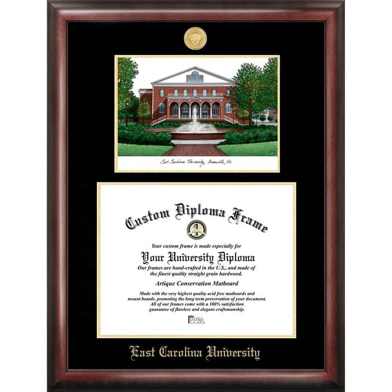 East Carolina University 10.75w x 8.25h Gold Embossed Diploma Frame with Campus Images Lithograph