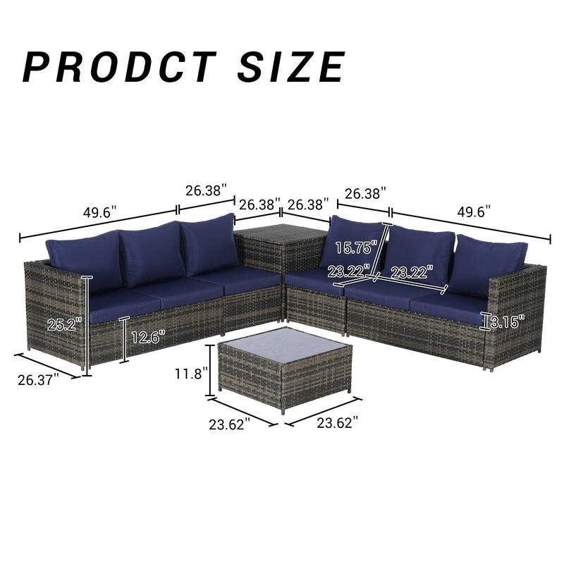 6-Piece Outdoor Patio Wicker Sectional Sofa Set with Corner Table & Glass Top Table