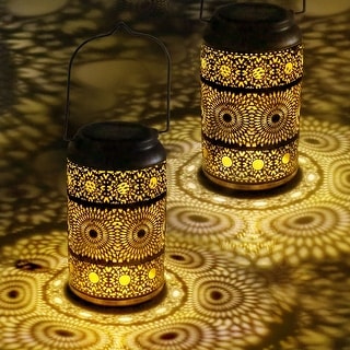 Set of 2 Solar Hanging Lantern Lights with Hollowed-Out Design, IP44 Outdoor Waterproof Metal LED Decorative Light