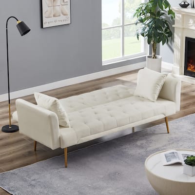 Velvet Futon Sofa Bed with Metal Legs & 2 Pillows