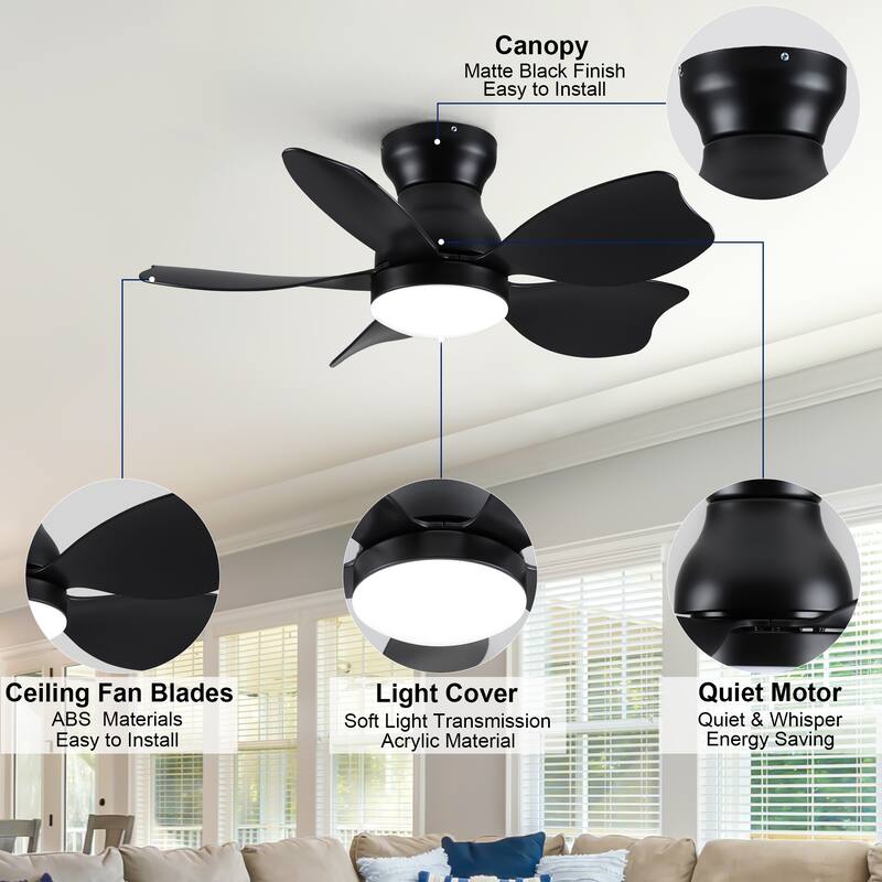 YUHAO 30 Inch Modern Matte White Indoor Flush Mount Small Ceiling Fan With LED Light and Remote Control
