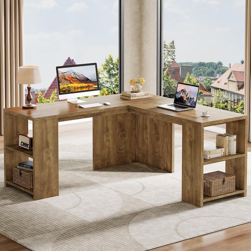 59" L Shaped Executive Desk with Storage Shelves, Corner Computer Desk for Home Office, Brown