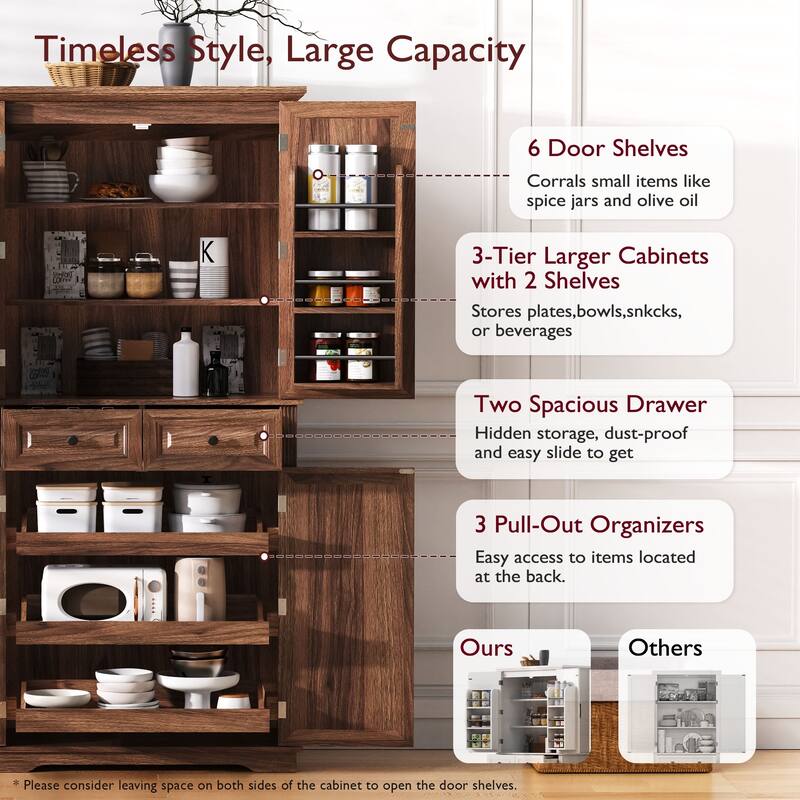 71" Tall Farmhouse Kitchen Pantry Cabinet with 3 Pull Out Cabinet Organizers, 6 Door Shelves, 2 Drawers - N/A