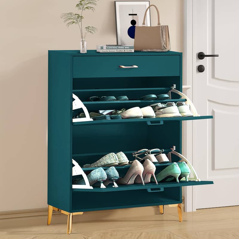 Freestanding Shoe Cabinet for Entryway, with 2 Flip Doors and Drawer - 32'W x 10''D x 43''H