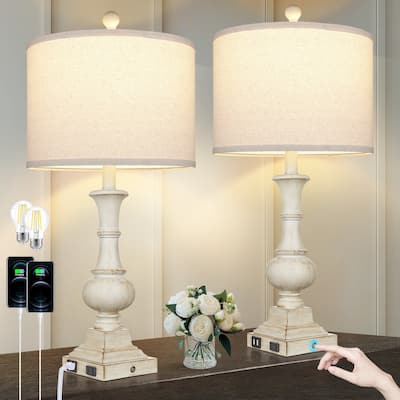Table Lamps White Resin USB Ports AC Outlet 3-Way Touch Switch(Set of 2) - 12'' x 12'' x 26'' (L x W x H)
