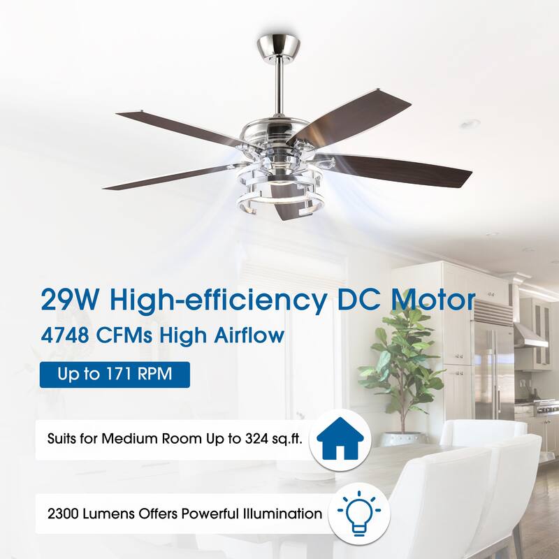52" Farmhouse Chrome Integrated LED Dimmable Ceiling Fan with Light and Remote - 52 in. W x 52 in. D x 13 in. H