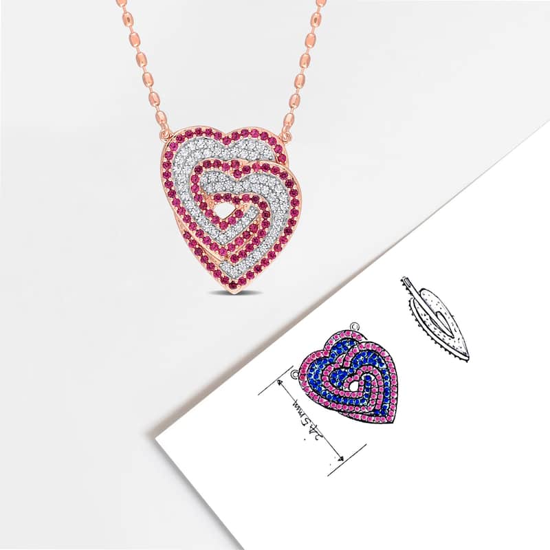 Miadora 1 3/4ct TGW Created White Sapphire Created Ruby Heart Necklace Rose Silver