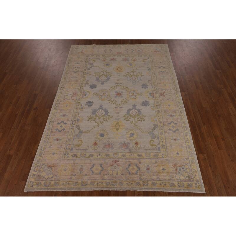 Oushak Turkish Vegetable Dye Area Rug Handmade Beige Wool Carpet - 6'2"x 8'10"