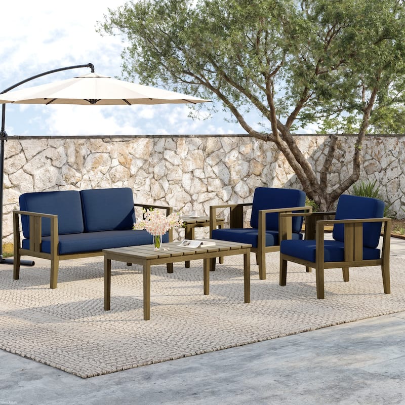 5-Piece Teak Wood Outdoor Conversation Set - Brown frame - Navy/Brown