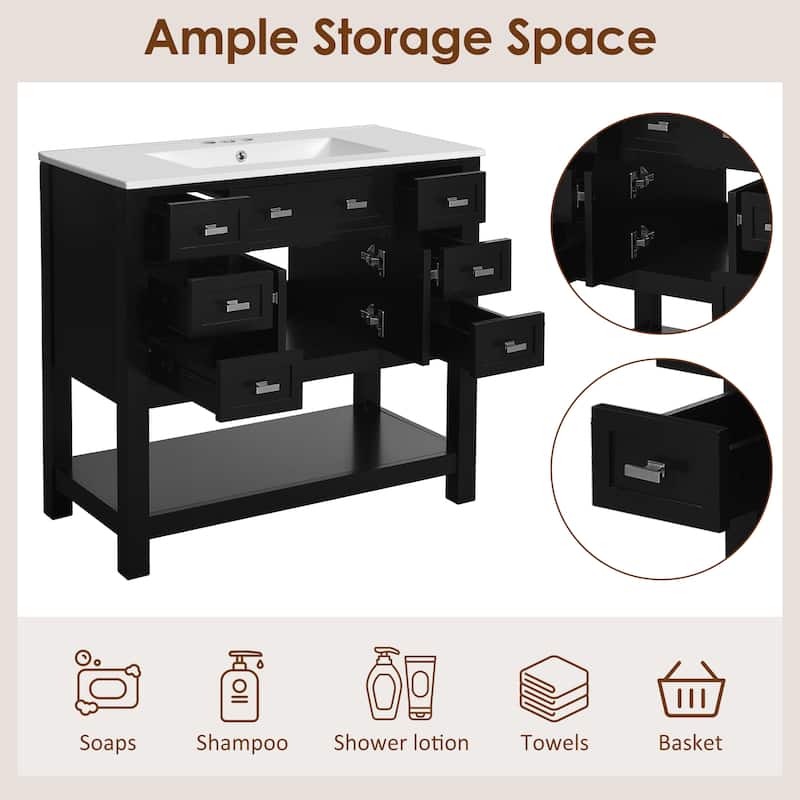 36 Inch Freestanding Bathroom Vanity with Ceramic Sink, 6 Soft Close Drawers, Modern Single Sink Cabinet